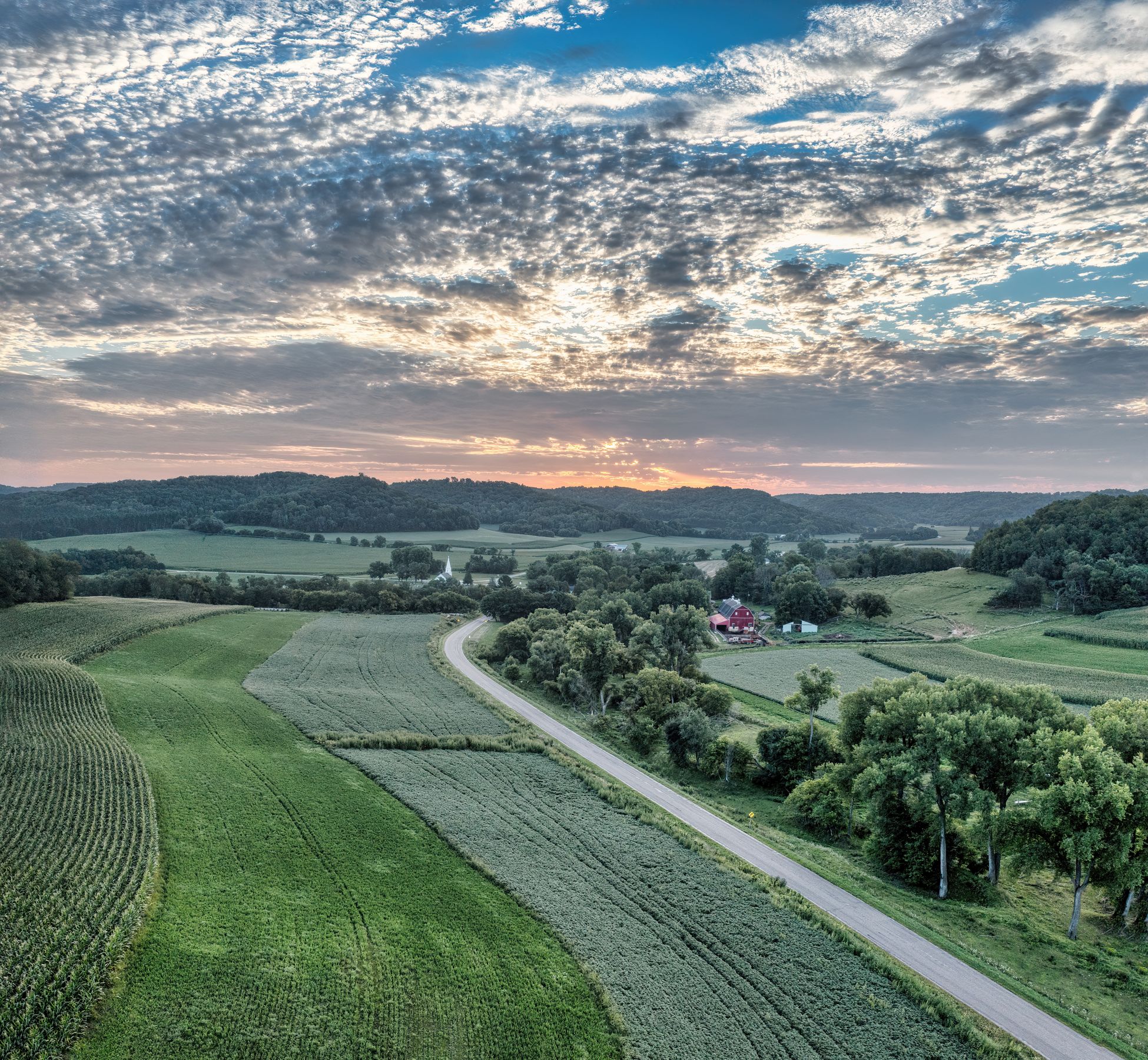 Aerial view of Wisconsin farmland at sunset